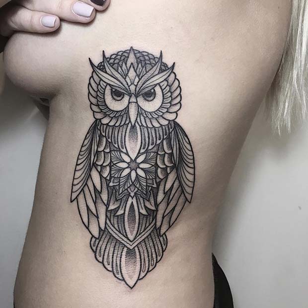 Patterned Owl Rib Tattoo Idea