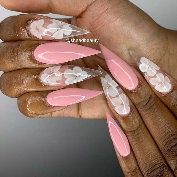 Pink Nails With White Flowers