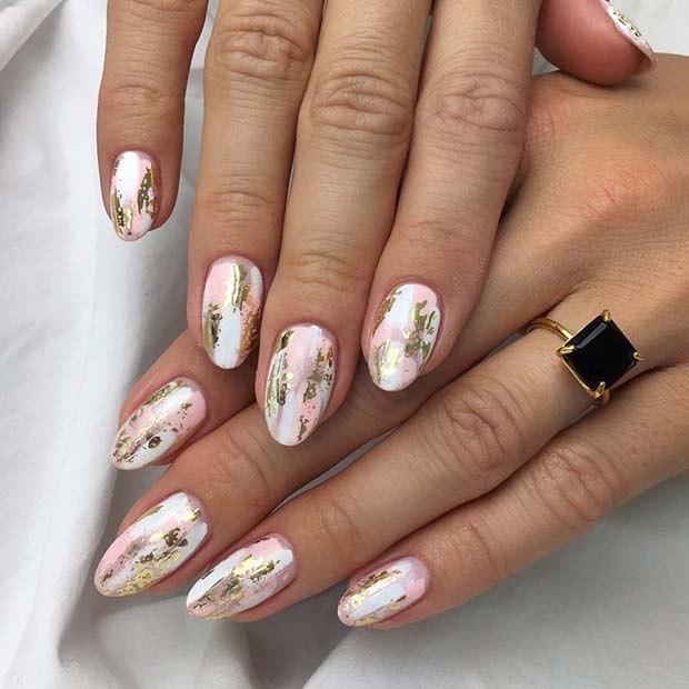 Pink, White and Gold Nail Design