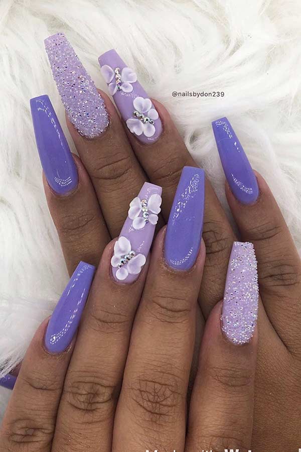 Purple Coffin Nails with Butterflies