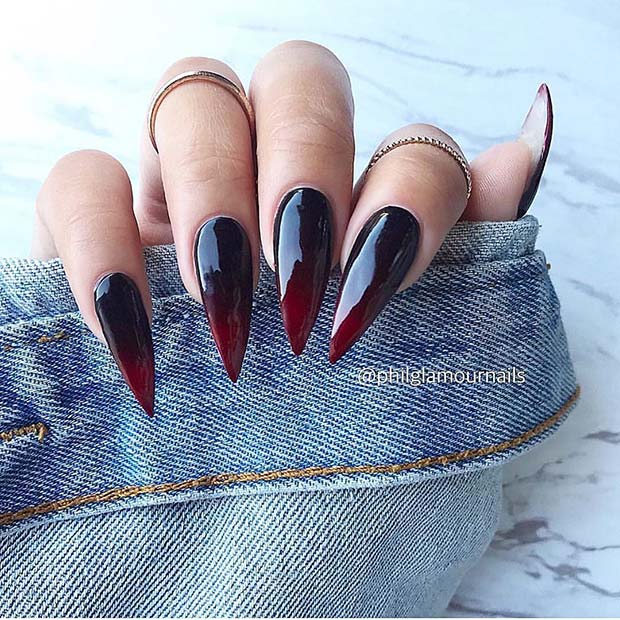 Black to Red Ombre Stiletto Nails