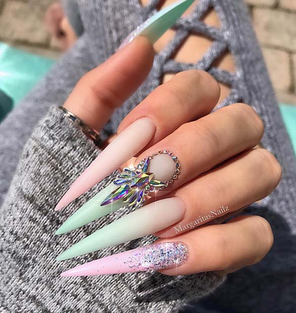 Stunning Stiletto Nails with Glitter and Rhinestones