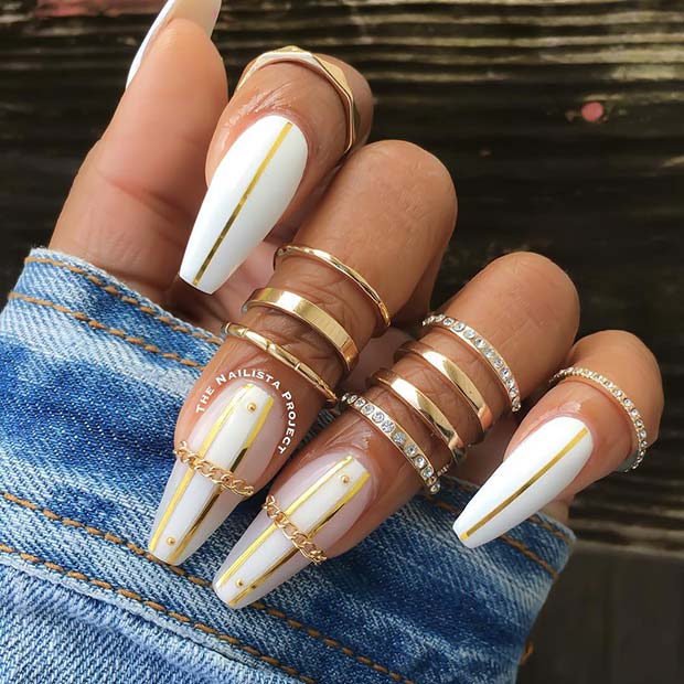 Trendy White Nails with Gold Chains
