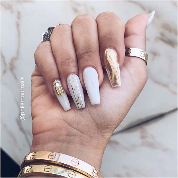 Unique Gold and White Nail Design