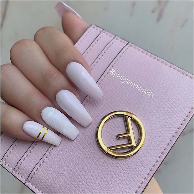 White Coffin Nails with Gold Stripes