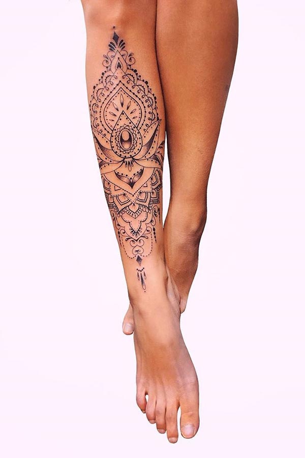 Womens mandala leg tattoo