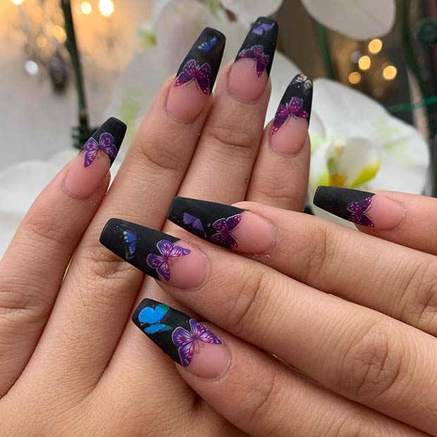 Black Nails with Butterflies