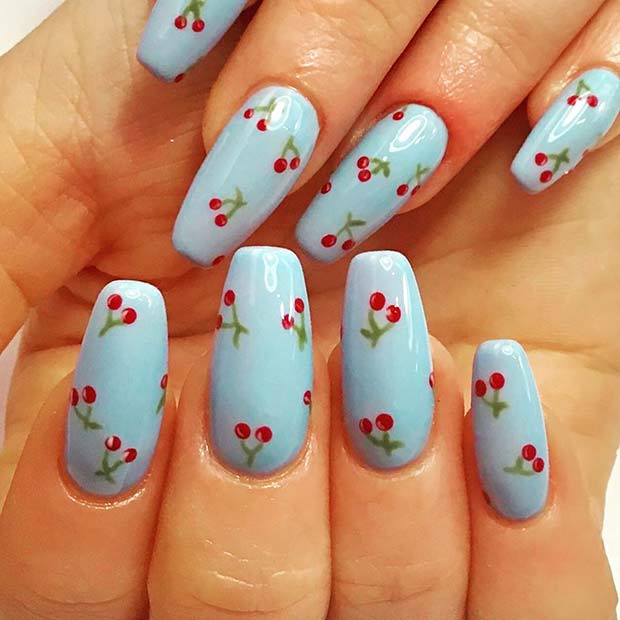 Blue Nails with Cute Cherries