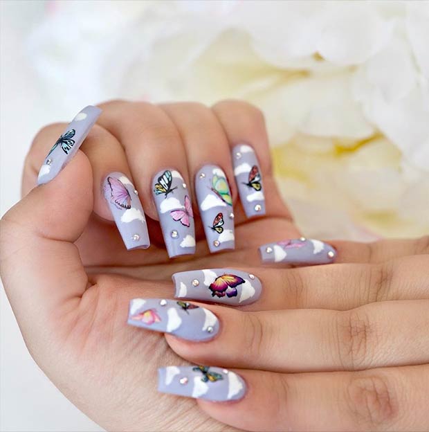 Butterfly Nails with Clouds
