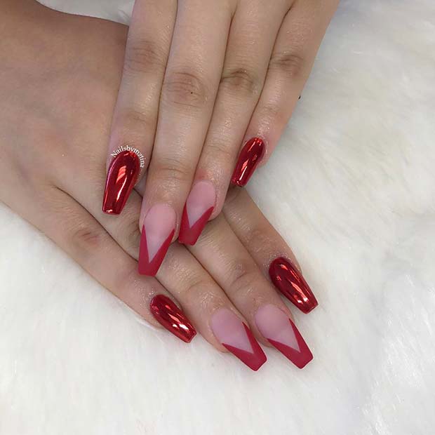 Chrome With Nude Nails and Red Tips
