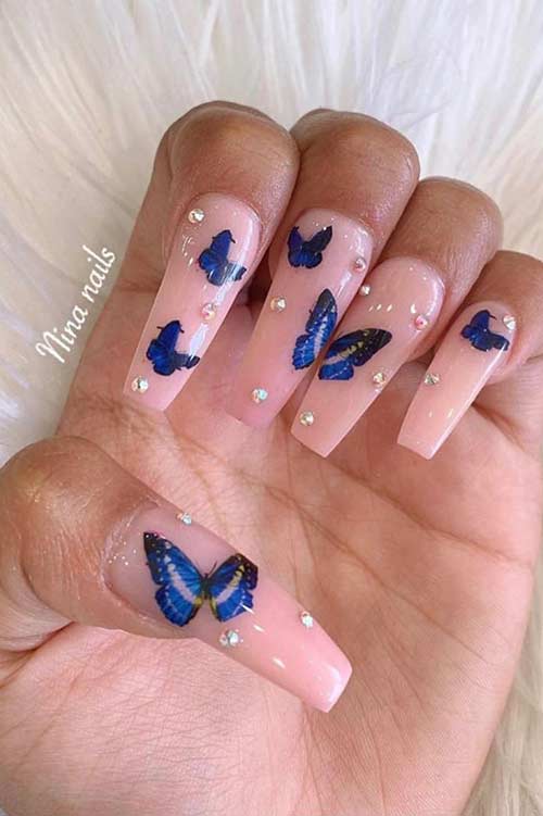 Shimmer Nude Encapsulated Butterfly Acrylic Nails - YouTube