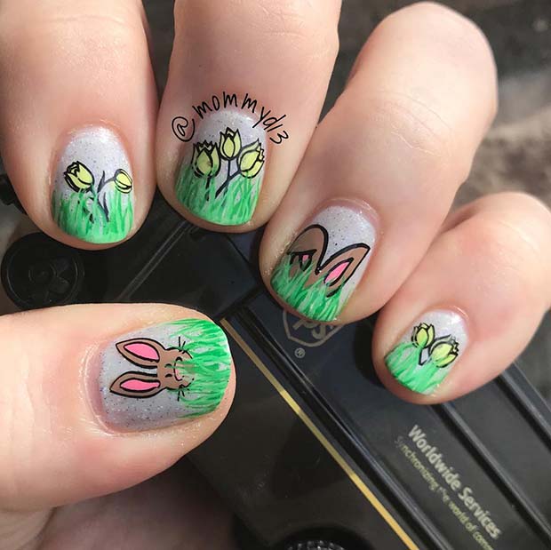 Easter Bunny and Tulip Nail Art