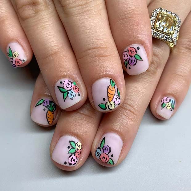 Flowers and Carrots Nail Design 