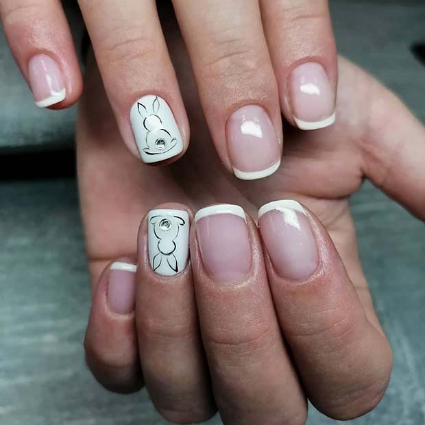 French Mani with a Bunny Accent Nail