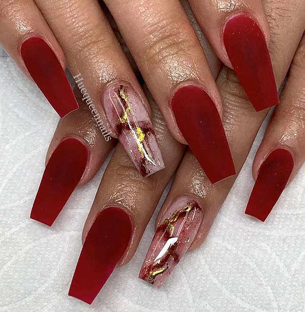 Matte Red Acrylic Nails in Coffin Shape