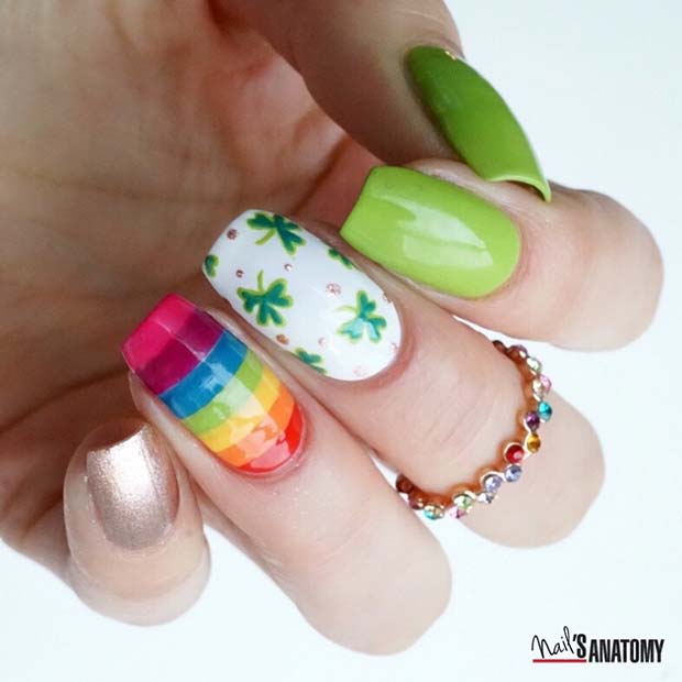 Green Nails with Rainbow Stripes and Clovers