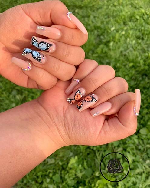 Nude Nails with Butterflies and Rhinestones