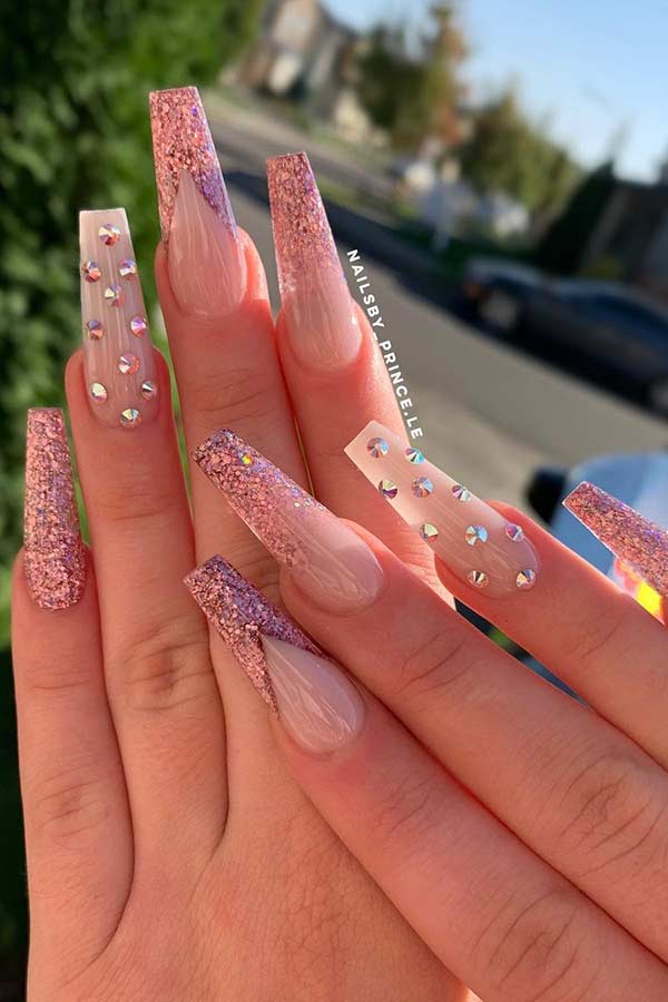 Nude and Glitter Coffin Nails