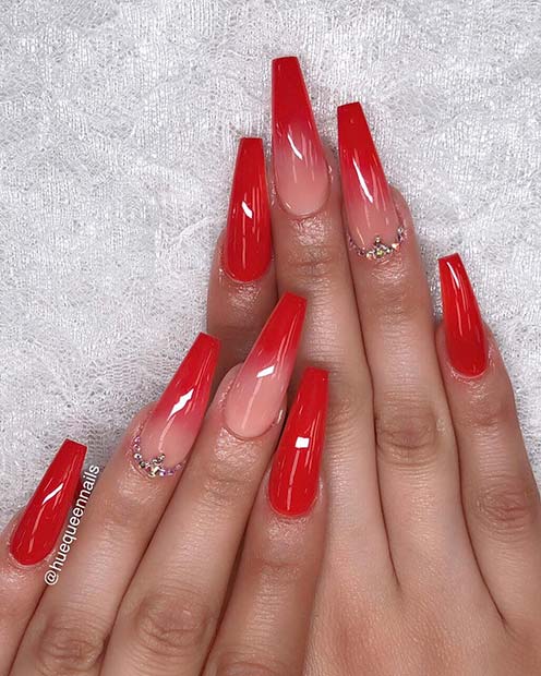 Nude and Red Ombre Coffin Nails