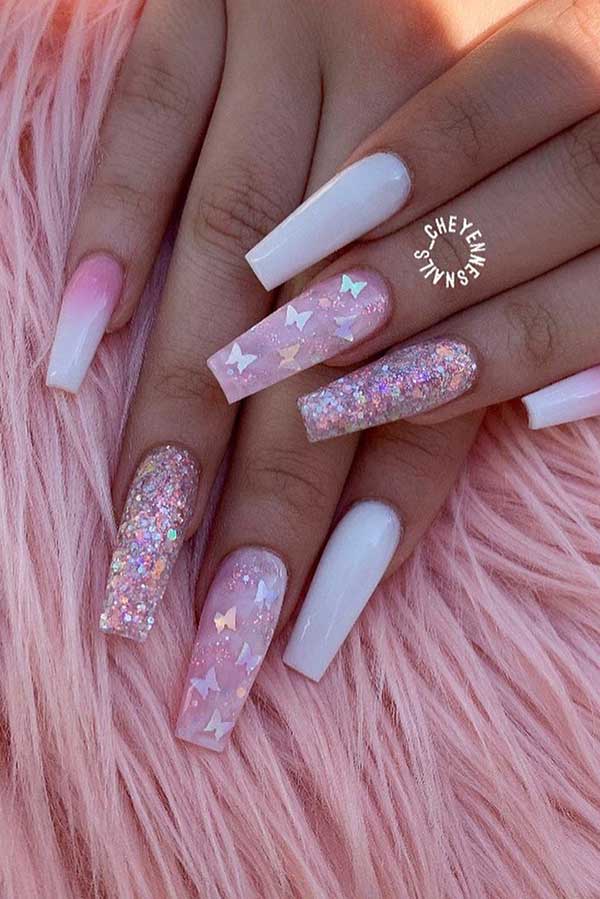 Pink Butterfly Acrylic Nails