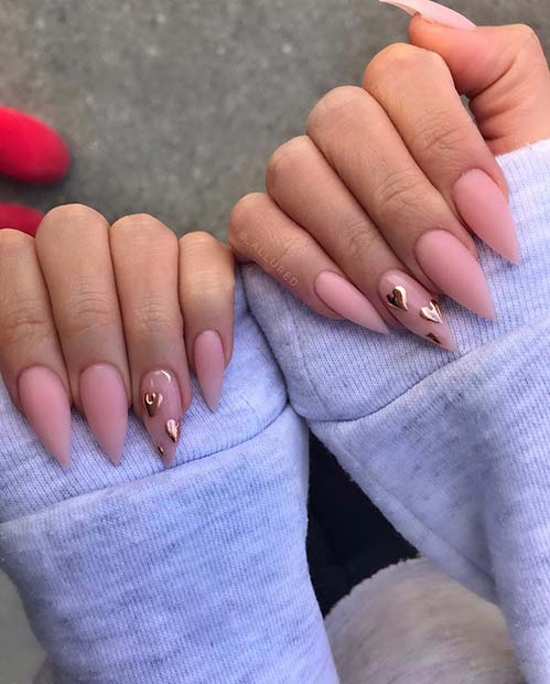 Light Pink Nails with Gold Hearts