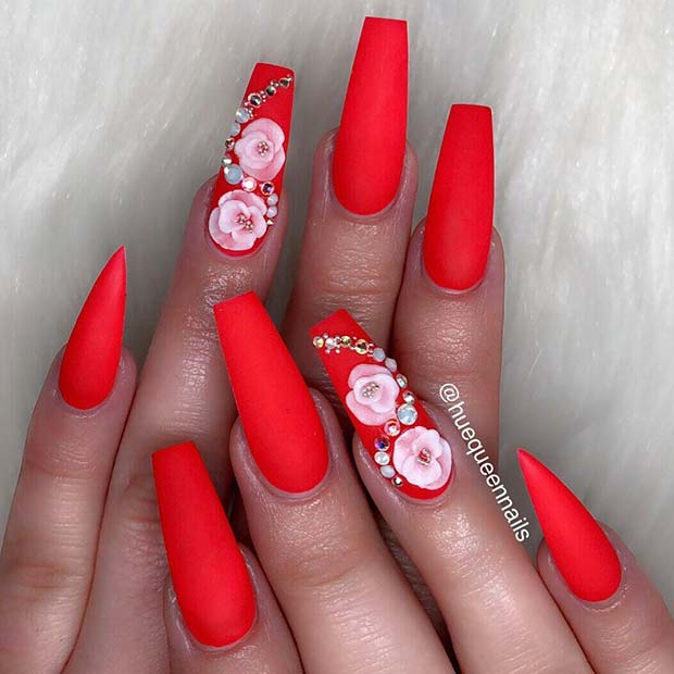 Pretty Matte Red Nails with Flowers