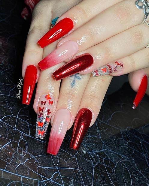 Red Chrome Coffin Nails