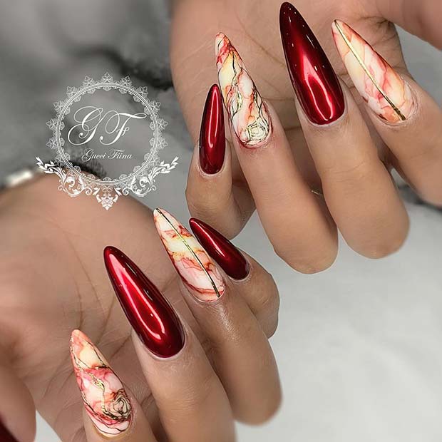 Red Chrome and Marble Nails