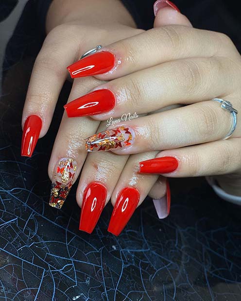 Red Acrylic Nails with Butterflies