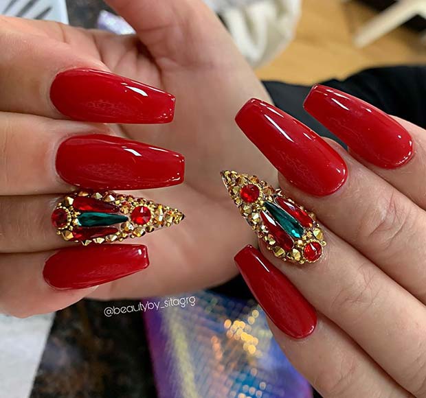 Red Nails with a Glam Rhinestone Accent Nail