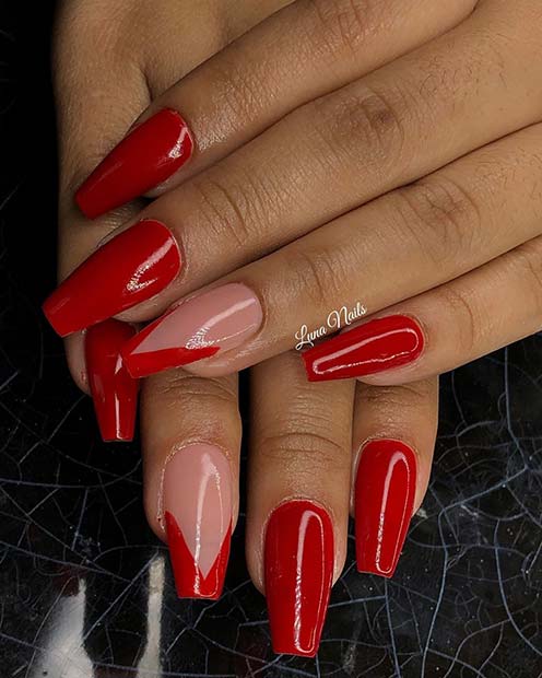 Red and Nude Nail Design