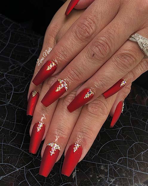 Rich Red Nails with Rhinestones