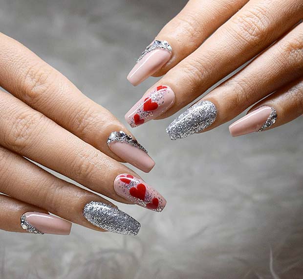 Coffin Nails with Glitter and Hearts