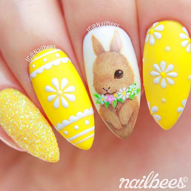 Super Cute Yellow Nails with a Bunny