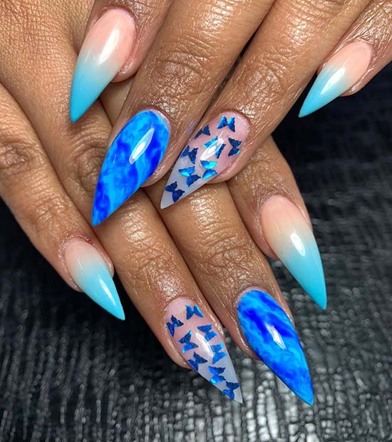 Baby Blue Nail Design with Butterflies