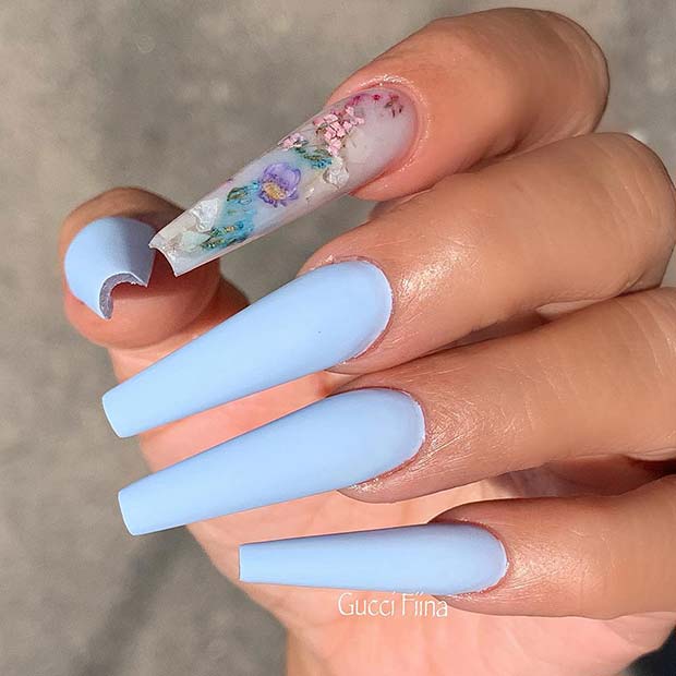 Baby Blue Nails with a Floral Accent Nail