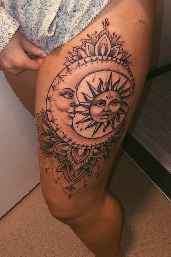 Big Sun and Moon Thigh Tattoo