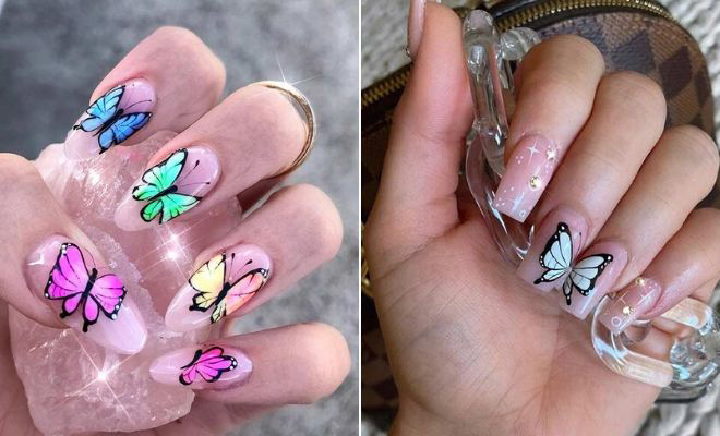 light purple acrylic nails with butterflies