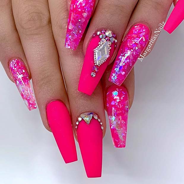 24 Painted Gel Press On False Nails Bright Baby Pink Coffin Stiletto Square  Oval | eBay