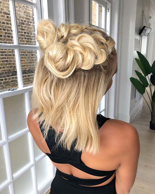 Medium Half Up Style with Two Braids and Buns