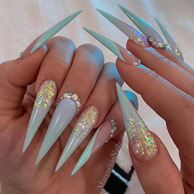 Long, Icy Blue Stiletto Nails