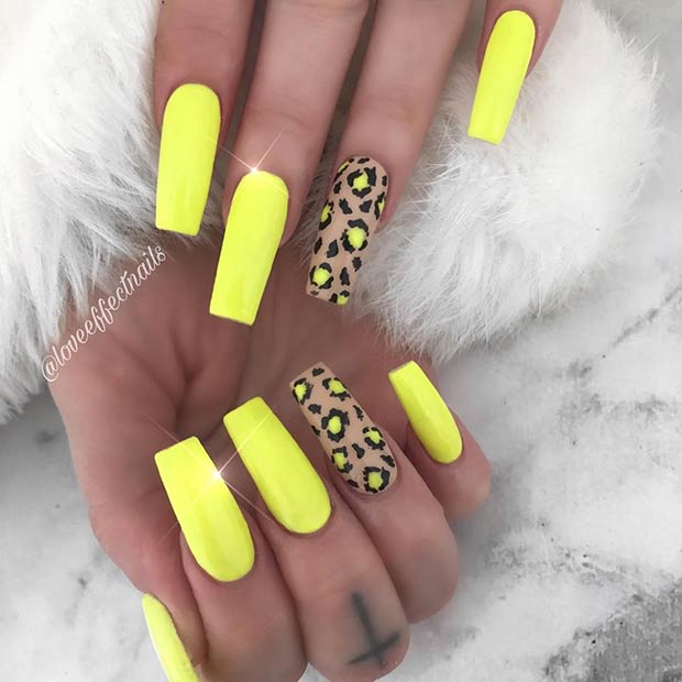 Leopard and Neon Yellow Nails