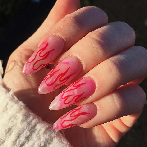 Marble Nail Art with Red Flames