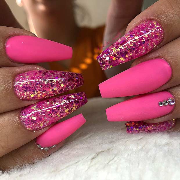 Matte and Glitter Neon Pink Coffin Nails
