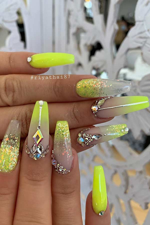 Neon Nail Design with Rhinestones