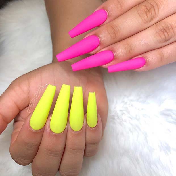 Neon Pink and Yellow Matte Nails