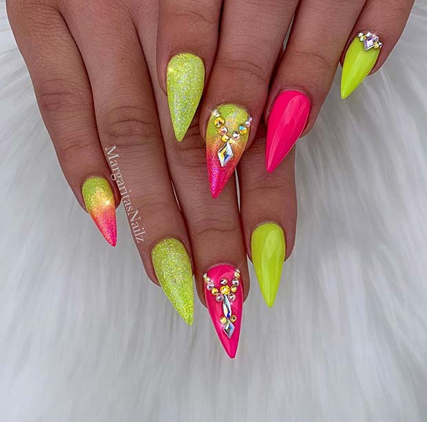 Neon Yellow and Pink Nails with Glitter and Rhinestones