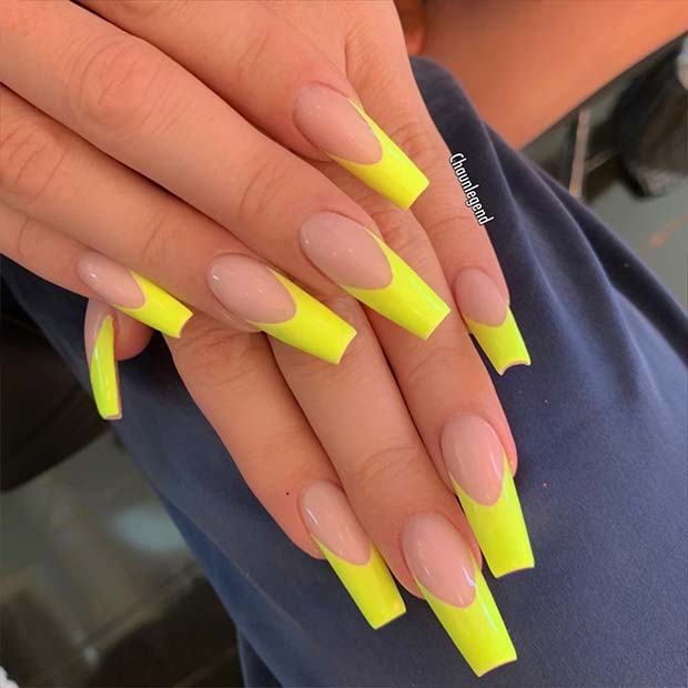 Nude Nails With Neon Yellow Tips