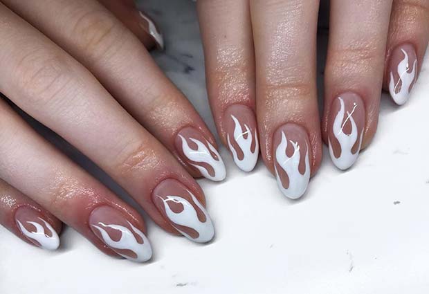 Nude Nails with White Flames