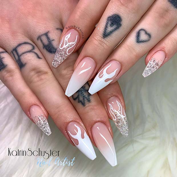 Nude Ombre Nail Design with Flame Art